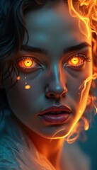 Aufkleber - Woman with glowing eyes, fire surrounding face. Surreal portrait. Dramatic lighting, glowing skin. Woman looks intense, powerful. Surreal portrait style. Mysterious, captivating image. Possible