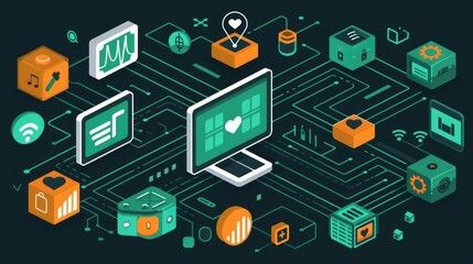 Poster - A digital illustration depicting interconnected technology and health data analytics.