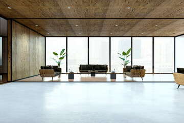 Poster - Modern and stylish open office lounge with large windows and wooden interiors. 3D Rendering