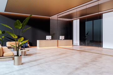Poster - Modern luxury office reception interior with glass walls, wooden desk, cozy seating, and plants illuminated by subtle backlit lighting. 3D Rendering