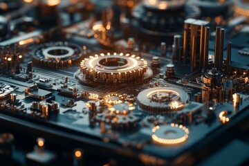 Poster - Intricate close-up of a circuit board showcasing detailed electronic components and glowing elements at dusk