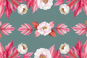 Wall Mural - Elegant Watercolor Seamless Border with Coral Pink Leaves Ivory Moonflowers and Peonies for Invitations and Event Decor