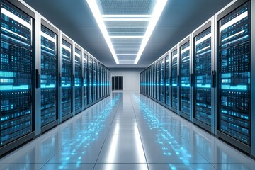 Poster - Modern Data Center Interior with High-Tech Server Racks and Bright LED Lighting, Showcasing Advanced Technology in a Sleek, Professional Environment