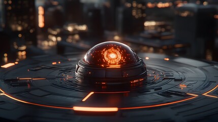 Poster - Futuristic device with glowing core on a circular platform, overlooking a city skyline at night.