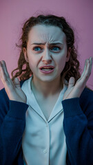 Poster - A young woman with curly hair expressing shock or surprise against a pink background. She is wearing a light pink sweater and has wide eyes, conveying strong emotion.