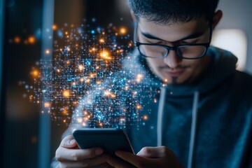 Poster - Young man engaged with smartphone displays vibrant digital effects in modern indoor setting
