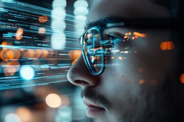 Poster - Young man with glasses focused on digital data streams at night in a city setting