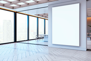 Poster - Modern office interior with large blank vertical display and city view through glass windows, emphasizing clean and professional design. 3D Rendering