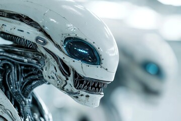 Poster - Futuristic robotic creatures with intricate designs in a bright, modern lab setting showcasing technological advancement