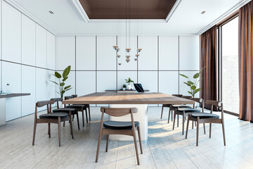 Poster - Modern boardroom interior with large wooden table, minimalist design, and floor-to-ceiling windows offering city view. 3D Rendering
