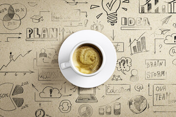 Aufkleber - Coffee cup on a desk with hand-drawn sketches and diagrams in the background, representing creative brainstorming concepts. 3D Rendering
