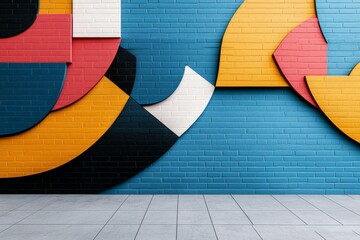 Poster - Colorful geometric mural on a brick wall in an urban space with modern design elements and vibrant hues