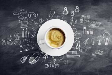 Aufkleber - Cup of coffee on chalkboard with hand-drawn sketches and diagrams, concept of brainstorming and business ideas in a creative workspace. 3D Rendering
