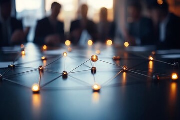 Poster - Collaboration in action during a business meeting with a network model and illuminated connections on the table