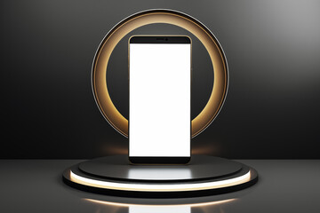 Poster - Smartphone with blank screen on illuminated pedestal and dark background, modern technology concept. 3D Rendering