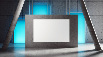 Poster - Blank white poster on a concrete wall with blue light accents in a modern industrial interior. 3D Rendering