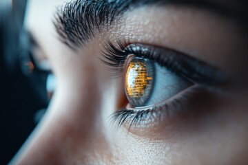 Poster - Close-up view of an eye reflecting intricate patterns in a digital display, highlighting technology's impact on vision