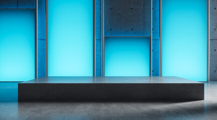 Aufkleber - Modern podium with concrete base and backlit blue panels in futuristic interior room. 3D Rendering