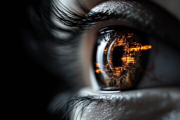 Poster - Captivating reflection of urban landscape in a close-up eye highlighting intricate details and vibrant colors