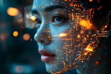 Wall Mural - Woman's face illuminated by digital lights representing technology and innovation in a futuristic setting