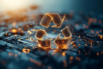 Poster - Digital representation of recycling symbol over circuit board with glowing elements in a futuristic setting