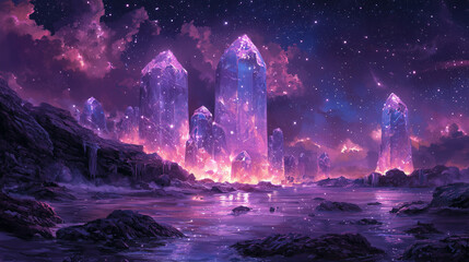 Poster - Majestic glowing crystals towering in a mystical purple landscape under a starry sky