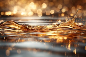 Poster - Golden water splash under soft light creates a captivating visual effect with shimmering reflections and gentle ripples