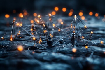 Aufkleber - Abstract network connections illuminated with glowing orbs on a dark textured surface at night