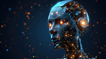 Poster - A futuristic robot head with glowing eyes and intricate circuitry against a dark background.