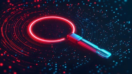 Poster - Futuristic glowing magnifying glass searching data, digital information search concept.