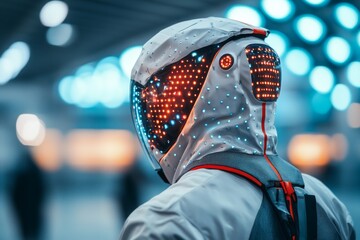 Poster - Futuristic astronaut in illuminated suit preparing for exploration at a high-tech facility during a vibrant evening
