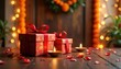 © Pete - Diwali gift boxes with red ribbons on wooden table. Twinkling fairy lights, marigold garlands adorn doorway. Warm lighting, rose petals create festive ambiance. Beautiful gift wrapping signifies
