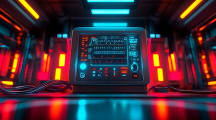 Poster - Futuristic medical monitor in a vibrant, neon-lit room.