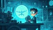 © Junior - A steampunk-inspired cartoon workshop where a young inventor builds a flying machine. Gears, pipes, and steam fill the room, while the glowing contraption takes shape in the center. The inventor’s