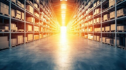 Poster - Bright Light Streaming through Warehouse Aisle with Storage Boxes