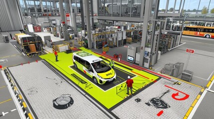 Poster - Modern Transportation Hub with Automated Vehicle and Workers