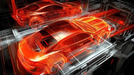 Poster - Futuristic Digital Car Design in High-Tech Automotive Workshop