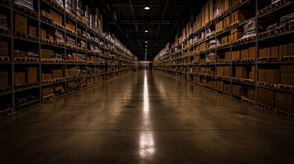 Poster - Vast Warehouse Interior with Neatly Stacked Cardboard Boxes