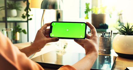 Poster - Business woman, hands and phone with green screen for UI, UX or software app at home office. Closeup, female person or freelancer with mobile smartphone, chromakey display or mockup space at house