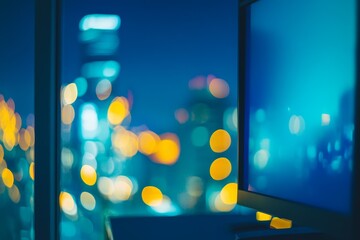 Poster - Urban Office View at Night with Soft Bokeh Lights and Computer Screen Glowing in a Modern Workspace with City Skyline in the Background