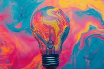 Poster - Vibrant Colorful Light Bulb Over Swirling Abstract Background in Brilliant Hues of Pink, Blue, Yellow and Orange Creating a Dynamic and Energetic Visual Experience