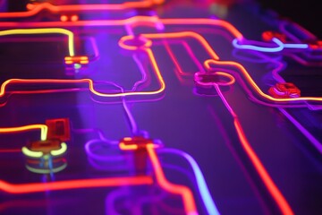 Poster - Vibrant Neon Circuit Patterns with Artistic Glow in Blue, Yellow, and Pink Colors, Creating a Dynamic and Futuristic Visual Experience for Creative Projects