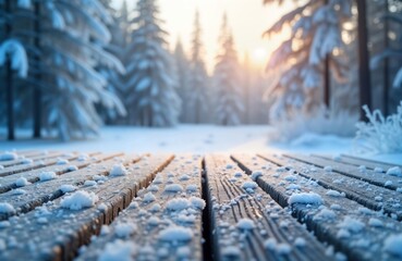 Poster - Snowy winter landscape with frosty patterns on textured wooden surface. Ground level view shows ice crystals on wood planks. Blurred forest background filled with snowy trees. Sunlit winter scene.