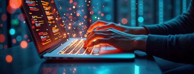 Aufkleber - Person working on laptop creating website design. Hands type on laptop keyboard. Holographic server room data center background. Tech person design website. Modern digital design. Night scene.