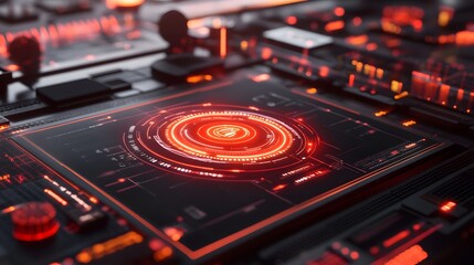 Poster - Futuristic red glowing digital interface screen on dark tech background.