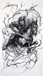 © Dragon42 - Dynamic Black and White Illustration of a Fierce Warrior on Horseback Surrounded by Thorny Vines