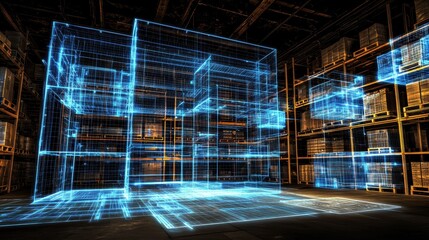 Poster - Futuristic 3D Warehouse Design with Digital Blueprint Elements