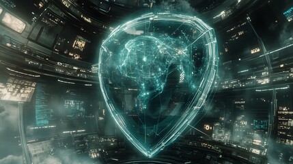 Poster - Futuristic shield with glowing Earth inside a digital control room.