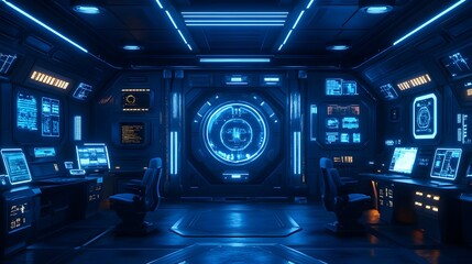 Poster - Futuristic spaceship bridge interior with glowing blue screens and controls.