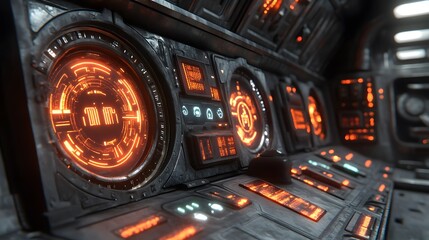 Poster - Futuristic spaceship control panel with glowing orange displays and weathered metal.